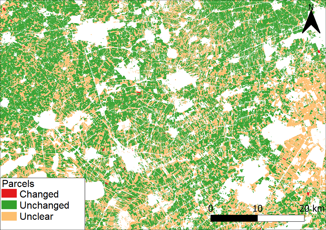 Changed parcels in red, unchanged parcels in green and unclear parcels in orange