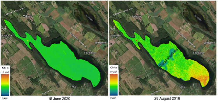 Satellite-based EO maps confirm that Saadjärv is usually a lake with low Chl a concentrations over the whole surface (example from June 18th 2020). Still, sometimes slightly elevated concentrations of Chl a can be detected in a spatial pattern (example from 28th August 2016).